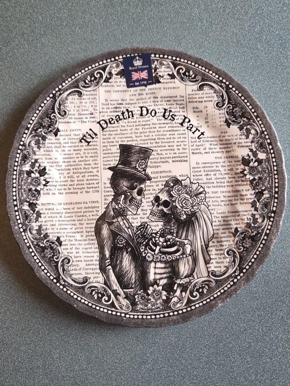 Decorative 'Death Do Us Part' Black & White Dinner Plate